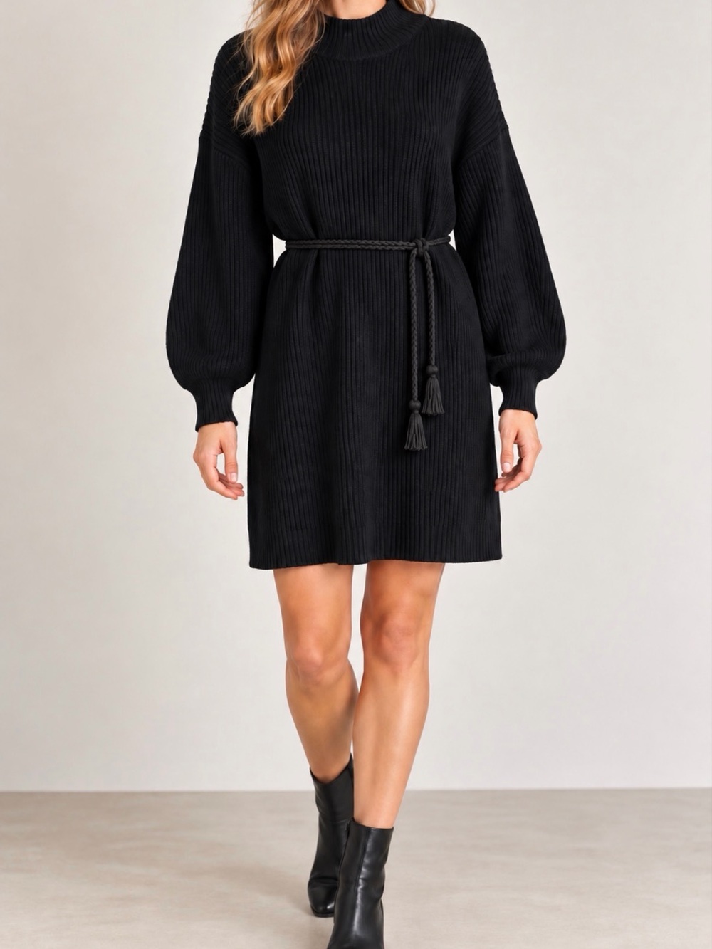 Maeve Anthropologie Black Ribbed Sweater Dress Size L Mock Neck